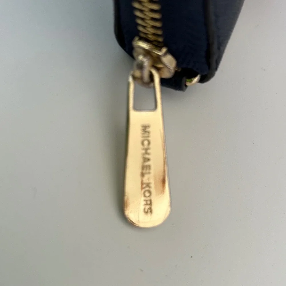 Michael Kors Jet Set Zip Around Wallet Navy Blue Saffiano Leather Gold Hardware